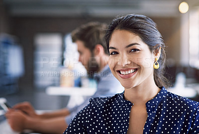 Buy stock photo Portrait of woman in creative agency with smile, success and startup at design agency. Face of happy designer in office, Indian manager or team leader with confident employees and coworking space.