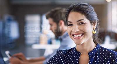 Buy stock photo Portrait of confident woman in creative agency with smile, success and startup at design agency. Face of happy designer in office, Indian manager or team leader with digital tech and coworking space.