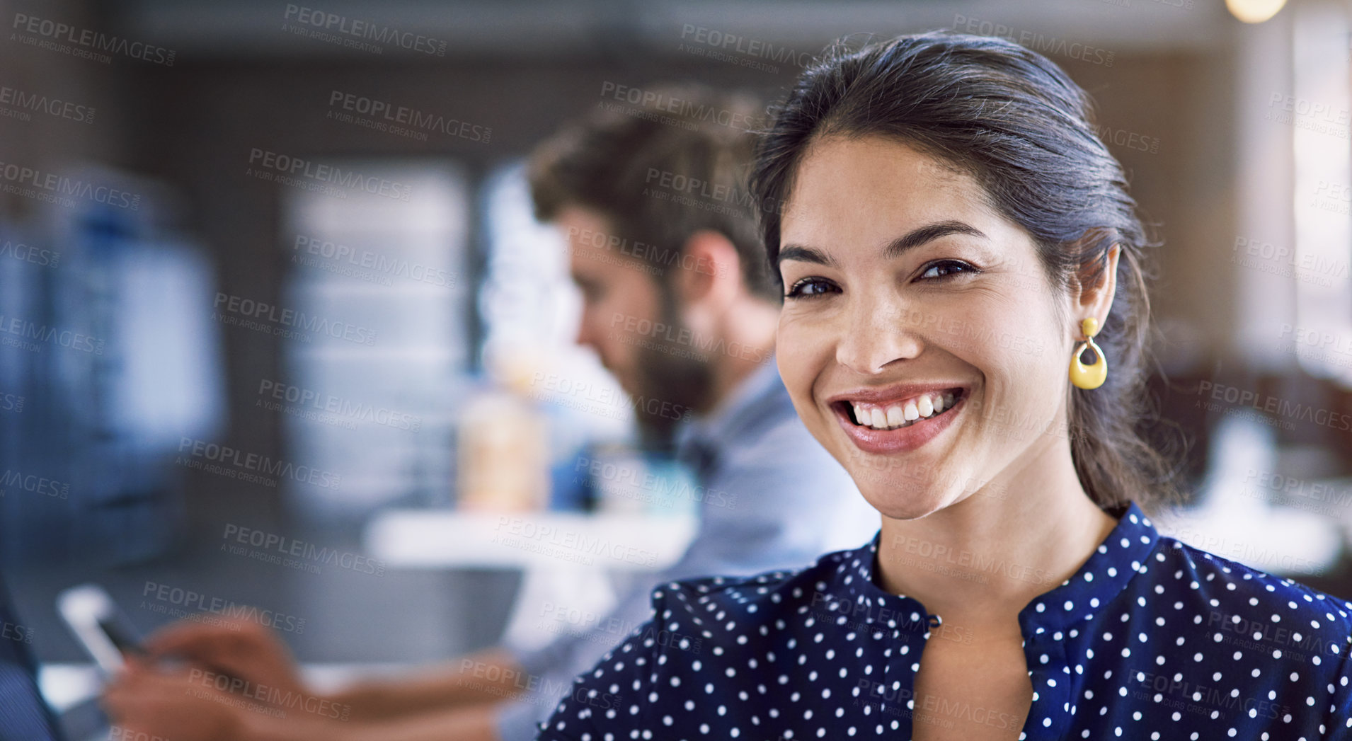 Buy stock photo Portrait of confident woman in creative agency with smile, success and startup at design agency. Face of happy designer in office, Indian manager or team leader with digital tech and coworking space.