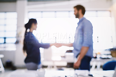 Buy stock photo Team hand shake, office collaboration or people at investment deal, b2b contract negotiation or acquisition agreement. Human resources blur, hiring welcome or onboarding job interview with HR manager