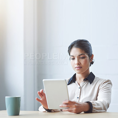 Buy stock photo Business woman, tablet and reading in office with serious internet research or strategy for goals. Young executive, touchscreen and brainstorming for ideas, focus or website management in mockup