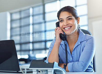Buy stock photo Telephone, office and business woman, secretary or communication worker talking, helping and support. Professional corporate person or employee phone call discussion for contact us or job information