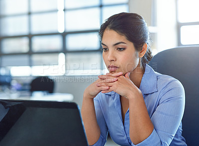 Buy stock photo Business woman with laptop, thinking and serious with research, email marketing and SEO with ideas. Technology, connectivity with focus and female at desk reading, professional workspace and strategy