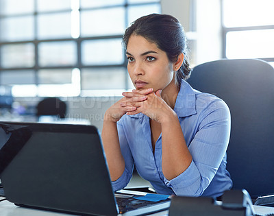 Buy stock photo Business woman with laptop, thinking and ideas for research, email marketing and SEO with inspiration. Technology, connectivity with focus and serious female, professional workspace and strategy