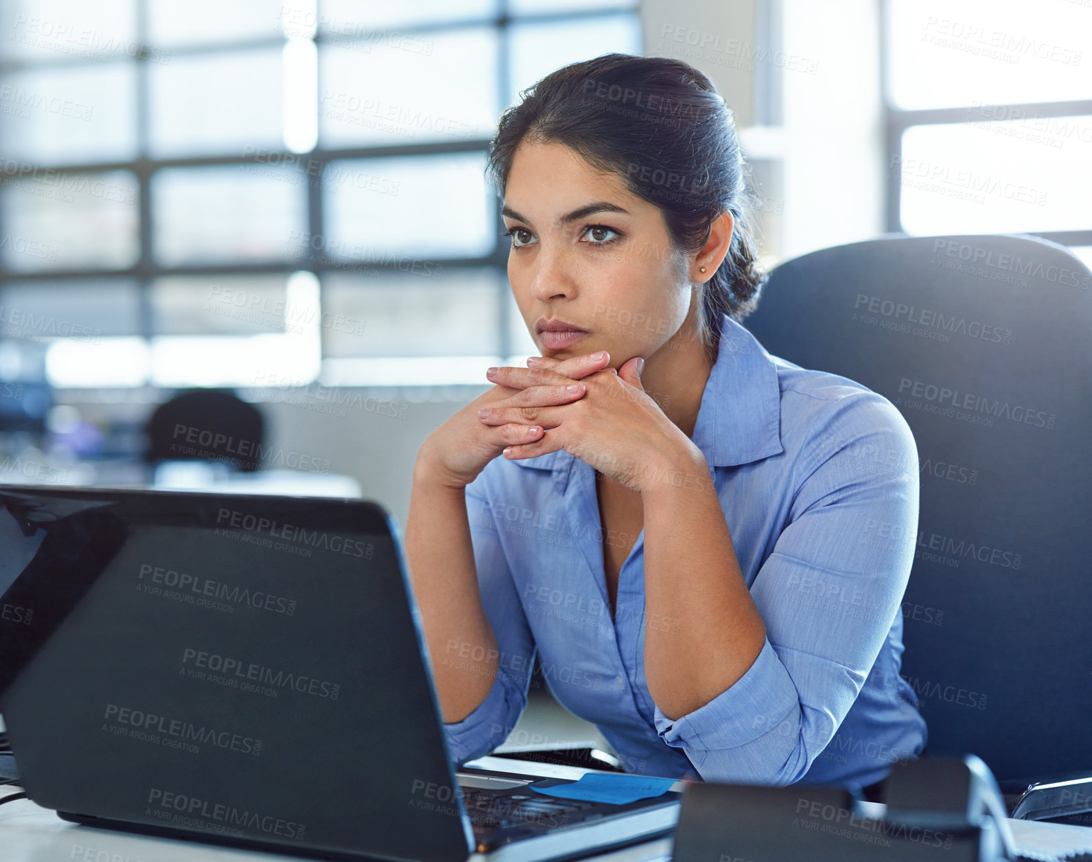 Buy stock photo Business woman with laptop, thinking and ideas for research, email marketing and SEO with inspiration. Technology, connectivity with focus and serious female, professional workspace and strategy