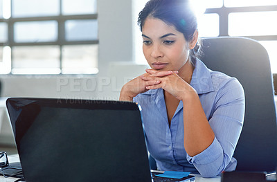 Buy stock photo Business woman with laptop, serious and reading with research, email marketing and SEO with ideas. Technology, connectivity with focus and female at desk, professional workspace and strategy