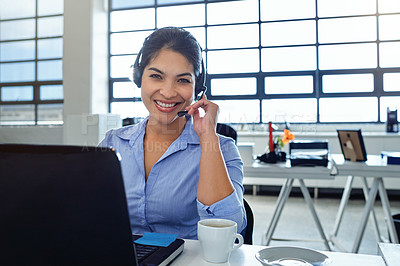 Buy stock photo Call center, woman and portrait for customer service, laptop help desk and sales receptionist. Happy telemarketing agent smile for communication, business consulting and expert telecom administration
