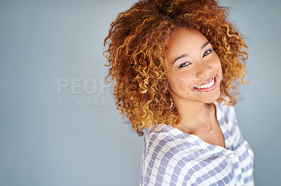 Buy stock photo Closeup of a beautiful young woman posing against a grey background