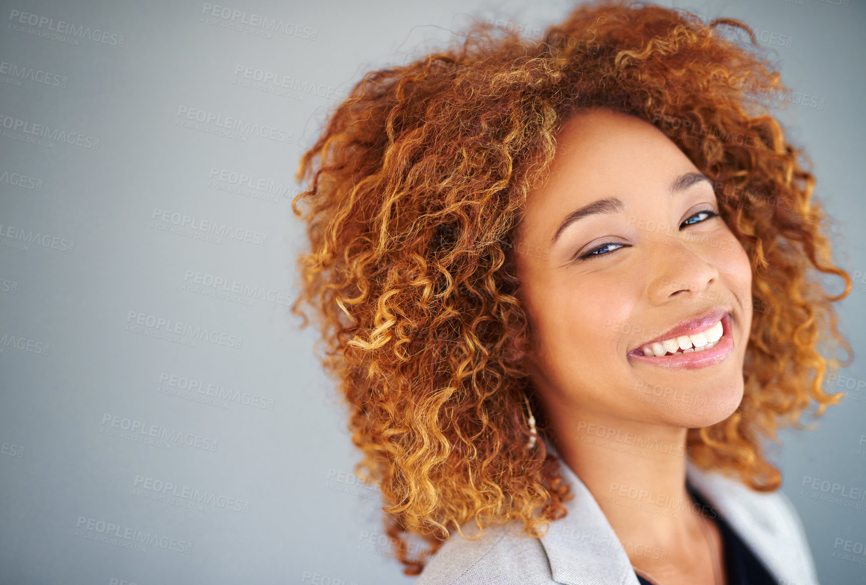 Buy stock photo Portrait, smile and business woman in studio isolated on gray background space. Face, happy professional and expert entrepreneur or public relations agent with opportunity or experience in Argentina