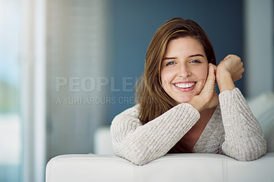 Buy stock photo Portrait, happy and woman relax on sofa in home living room on holiday. Face, smile or young female person from Canada on couch in lounge, apartment or house to enjoy me time, vacation or break alone