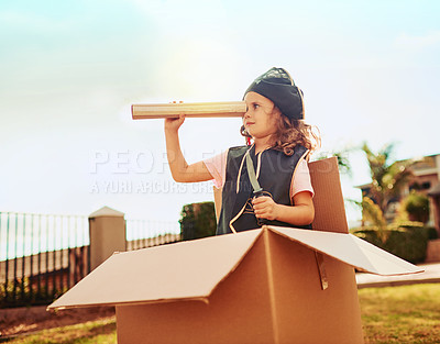 Buy stock photo Child, cardboard and ship in garden for playing, creativity and imagine with costume for development. Outdoor, sailor girl or pirate as character for fantasy game, dress up or telescope for halloween