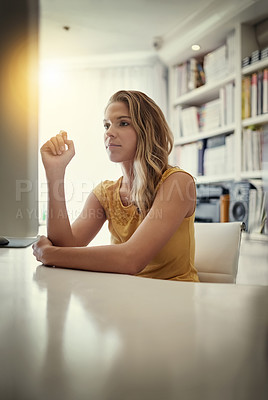 Buy stock photo Woman, computer and thinking with remote work from home with planning, review or editing for ebook. Person, author and writer with ideas, proofreading and inspiration for story development in morning