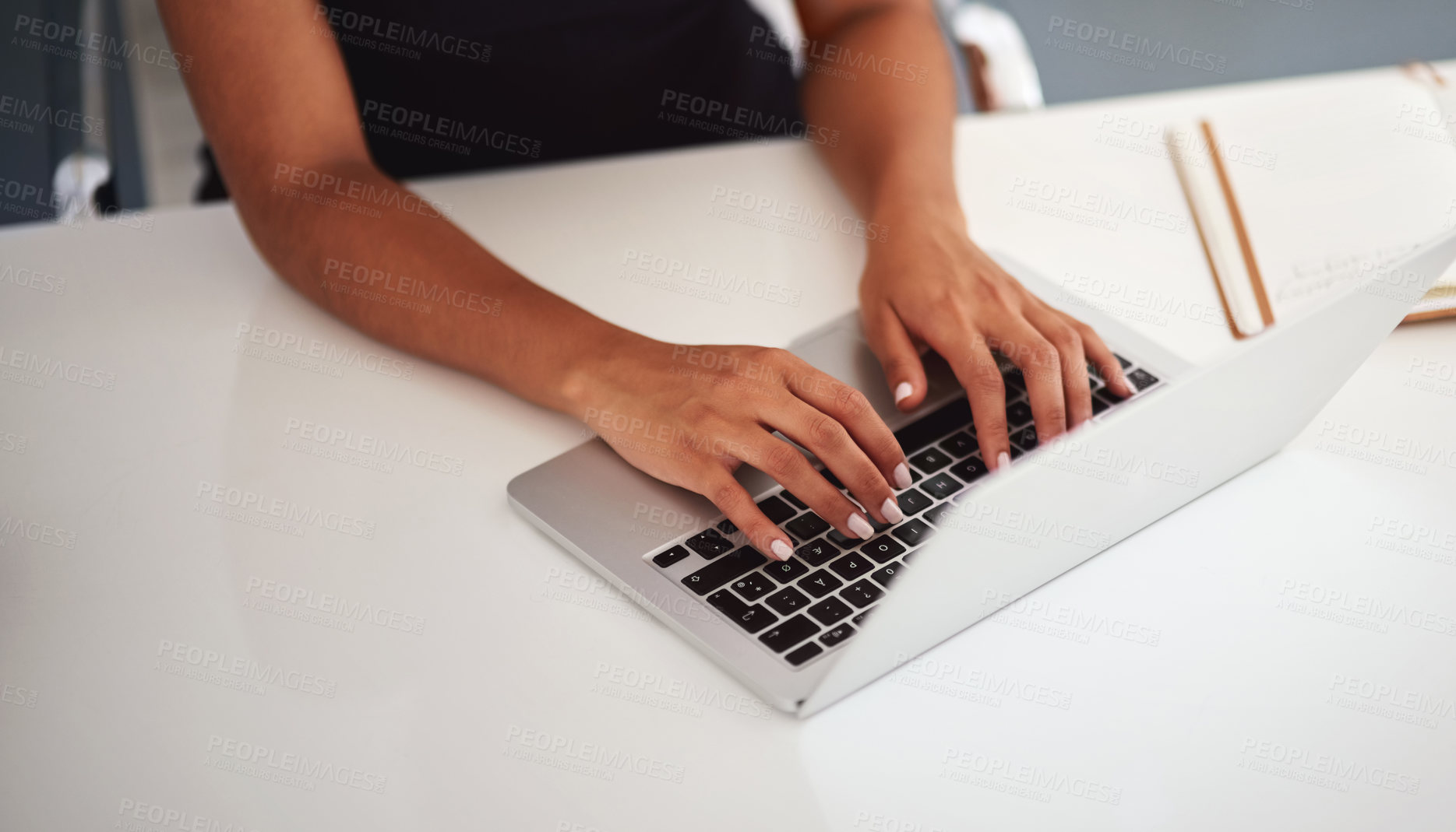 Buy stock photo Hands, laptop and typing in office, communication and networking with email at media company. Person, computer and click keyboard for search, reading and contact on web connection at creative agency