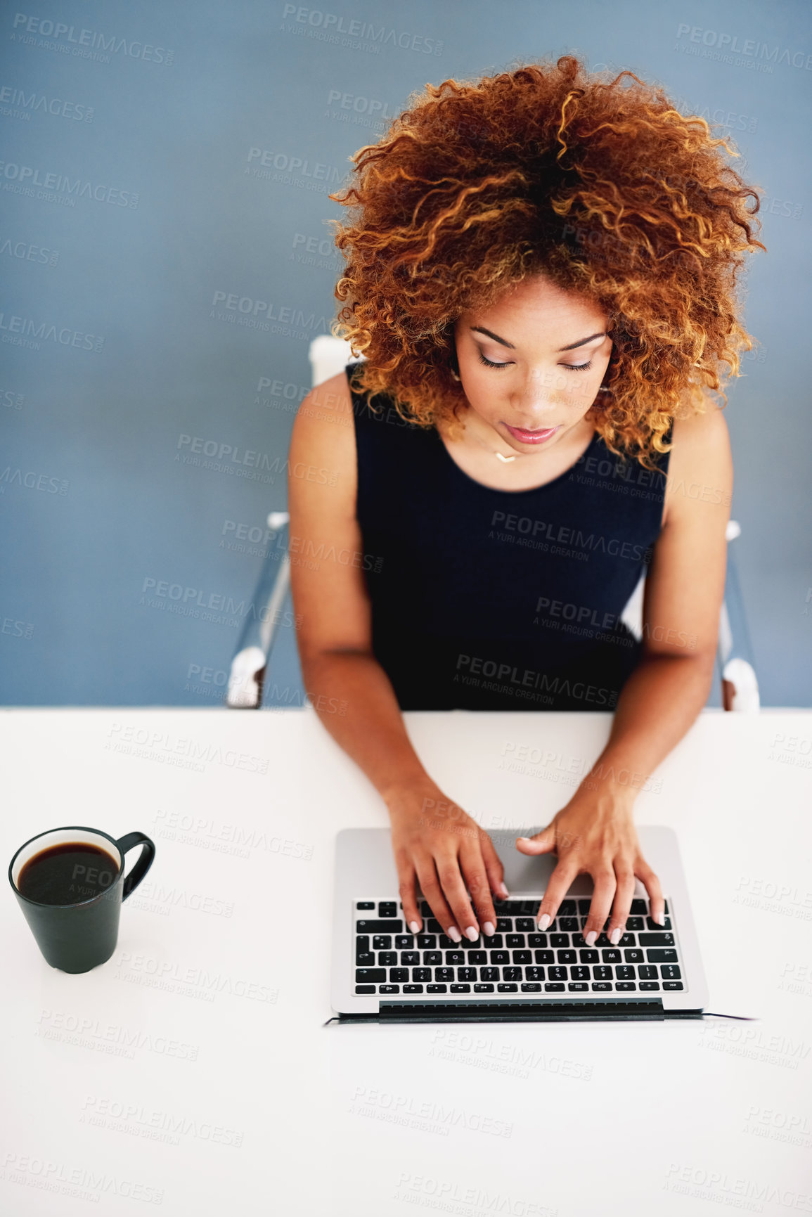 Buy stock photo Employee, thinking and black woman with laptop, keyboard and consultant for legal aid in modern office. African person, worker and agent with internet, pc and connection for research and attorney