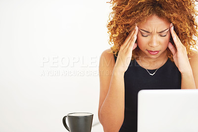 Stress, headache and woman with a laptop email isolated on a white background in a studio. Frustrated, space and a social media manager with migraine pain from a mental health problem or work mistake