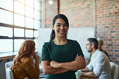 Buy stock photo Smile, portrait and business woman with arms crossed in company startup meeting. Face, confidence and happy female leader, professional and person with pride for career, job and success mindset.