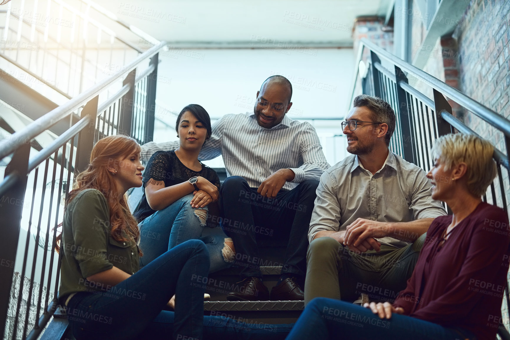 Buy stock photo Office, stairs and business people on break for discussion, hangout and talking to relax. Creative agency, men and women as journalist with conversation, chatting and memory in workplace steps