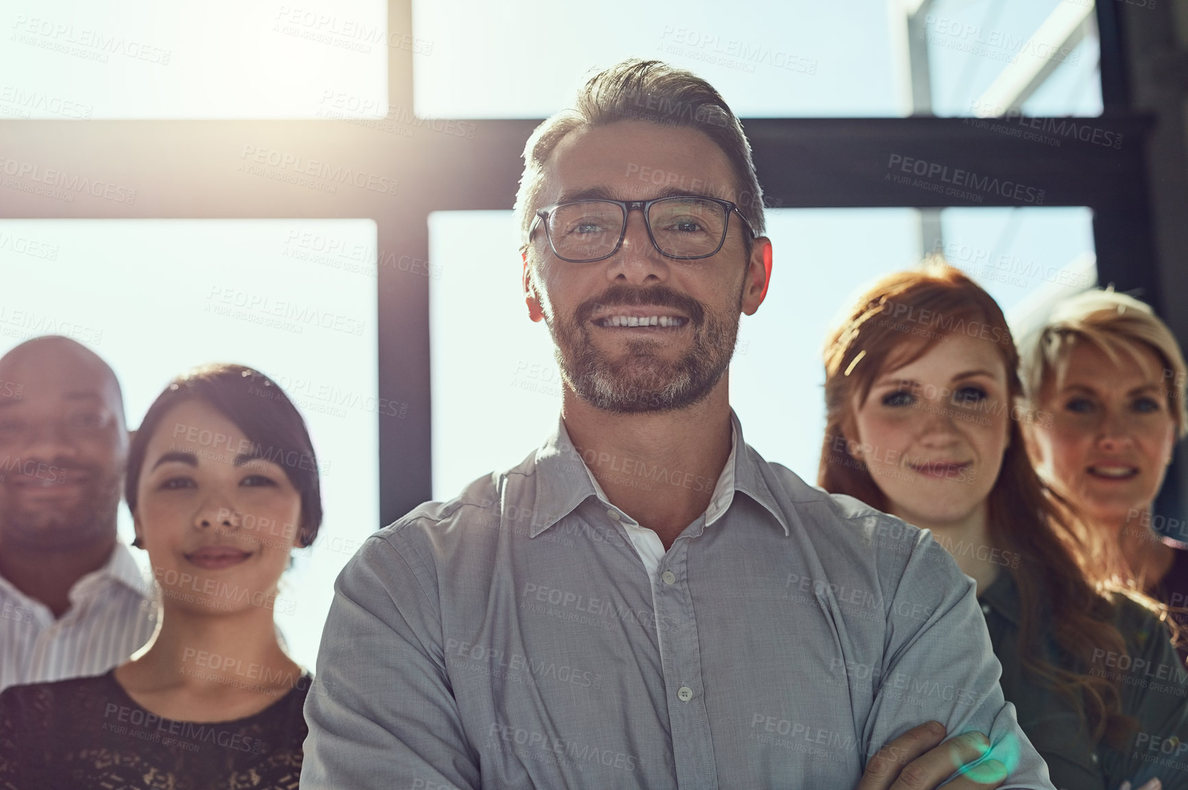 Buy stock photo Happy, employees and manager with arms crossed at office for teamwork, collaboration and about us. People, smile and boss or team leader on portrait for diversity, progress and confident for company
