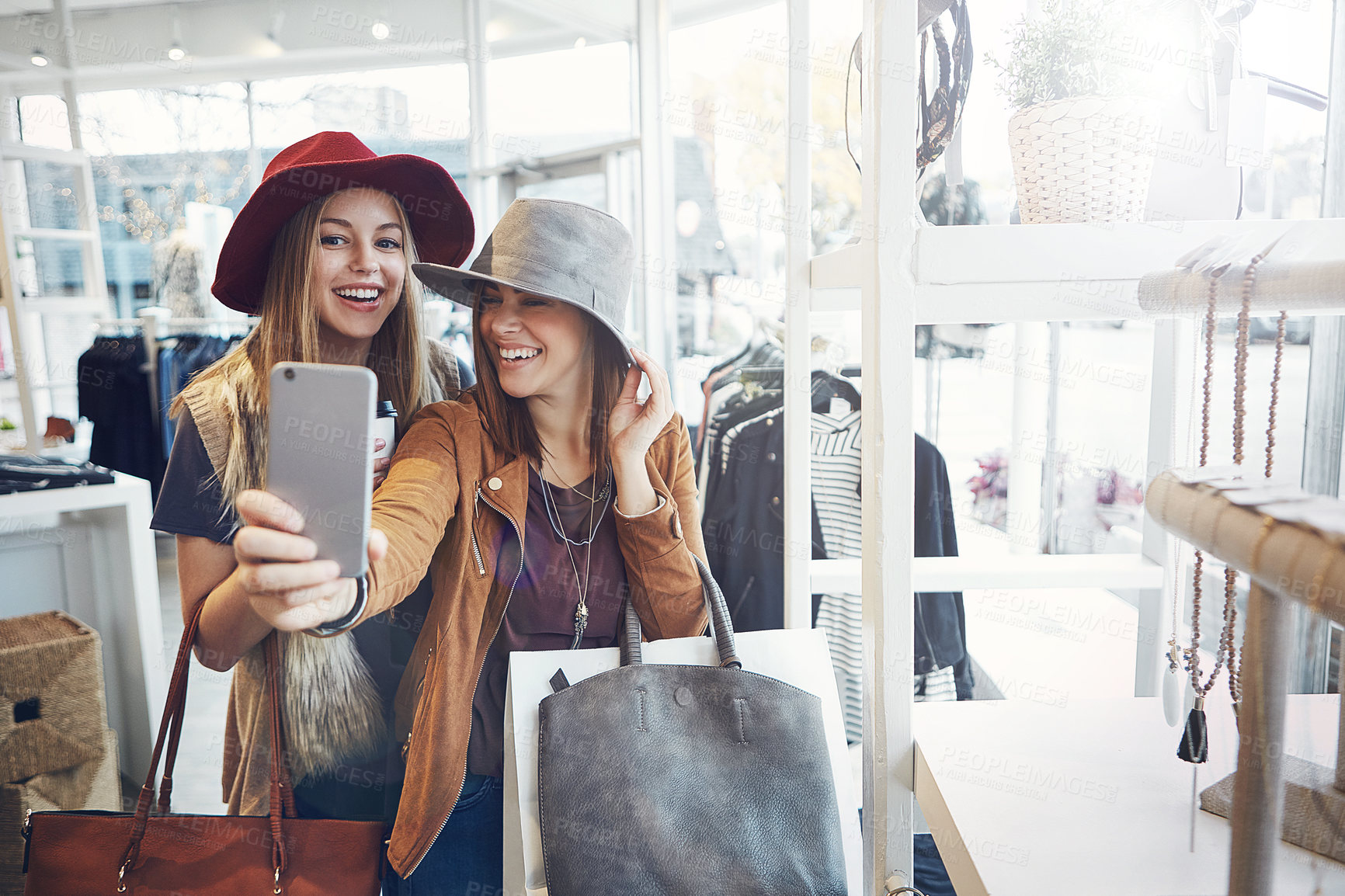 Buy stock photo Friends, selfie and luxury shopping with women, smile and happiness together with retail, sale and discount at mall. Fashion, photograph and memory for social media, customer or urban boutique store