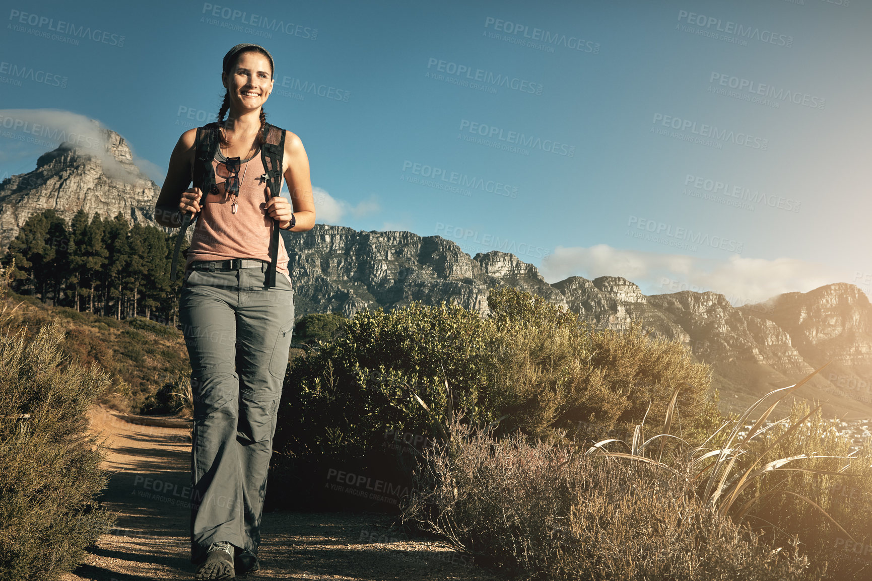 Buy stock photo Portrait, hiking and woman with nature, freedom and outdoor for adventure, wellness and journey. Person, hiker and girl with smile, mountain and cardio with vacation, travel and energy with fitness