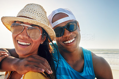 Buy stock photo Couple, picnic and happy at beach with sunglasses, sunset and relax for vacation by ocean in summer. Man, woman and smile on sand in Miami with sky, portrait and partner on date for holiday or love