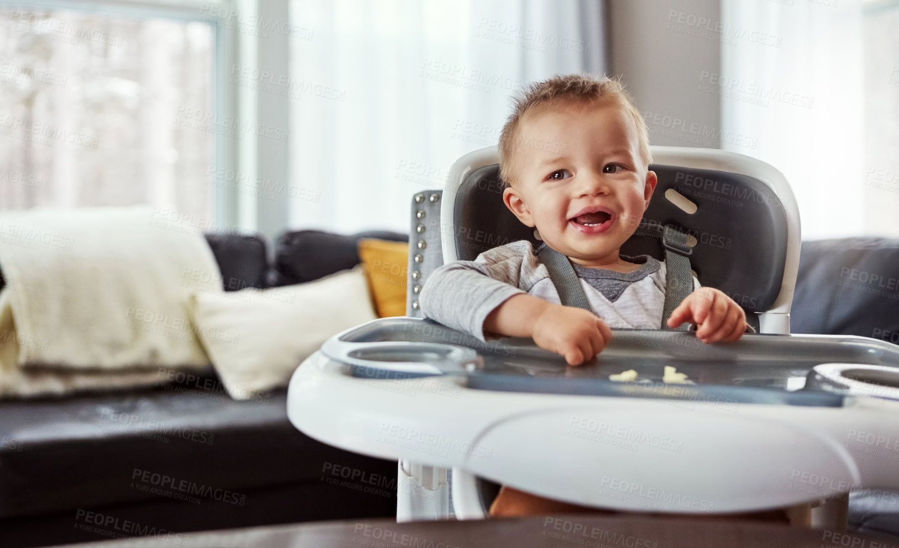 Buy stock photo Baby, breakfast and feeding chair for toddler in the morning prepare to eat porridge. Hungry, boy and child ready to eat a meal, lunch or dinner in family home, apartment or house with kitchen