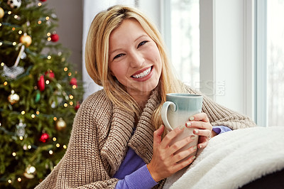 Buy stock photo Christmas, happy woman and tea on home couch with smile in lounge or living room. Portrait of lady with hot chocolate or coffee cup to relax for festive holiday, season or winter vacation celebration