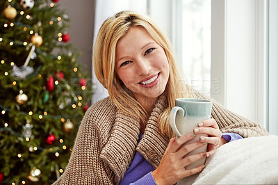 Buy stock photo Christmas, happy woman and coffee on home couch with smile while thinking of memory. Portrait of lady with hot chocolate or tea cup to relax for festive holiday, season or winter vacation celebration