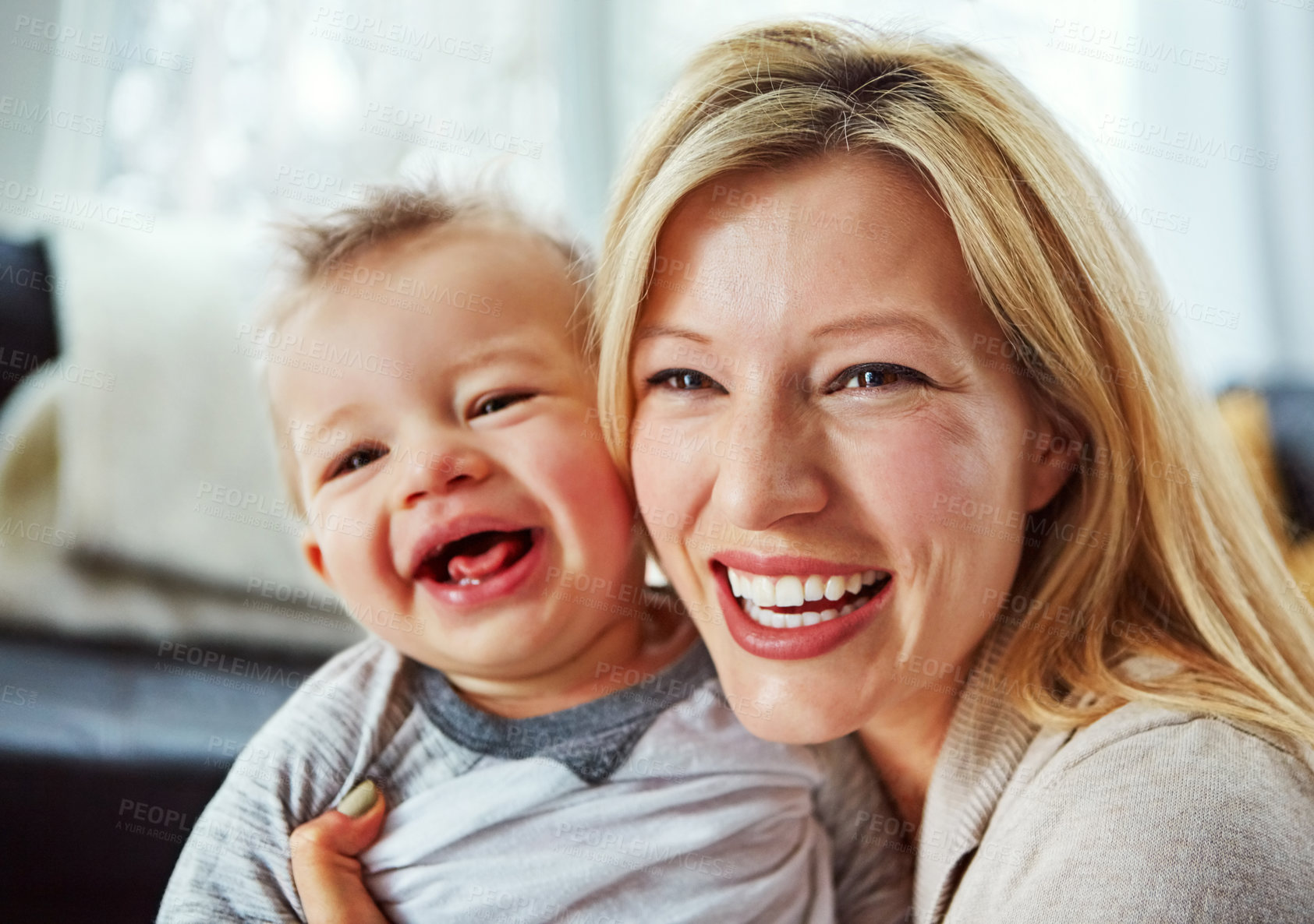 Buy stock photo Baby, mother and laugh in house with hug or happiness for motherhood, growth or wellness of child. Toddler, woman and excited in home for support, care and bonding together with love, smile and relax