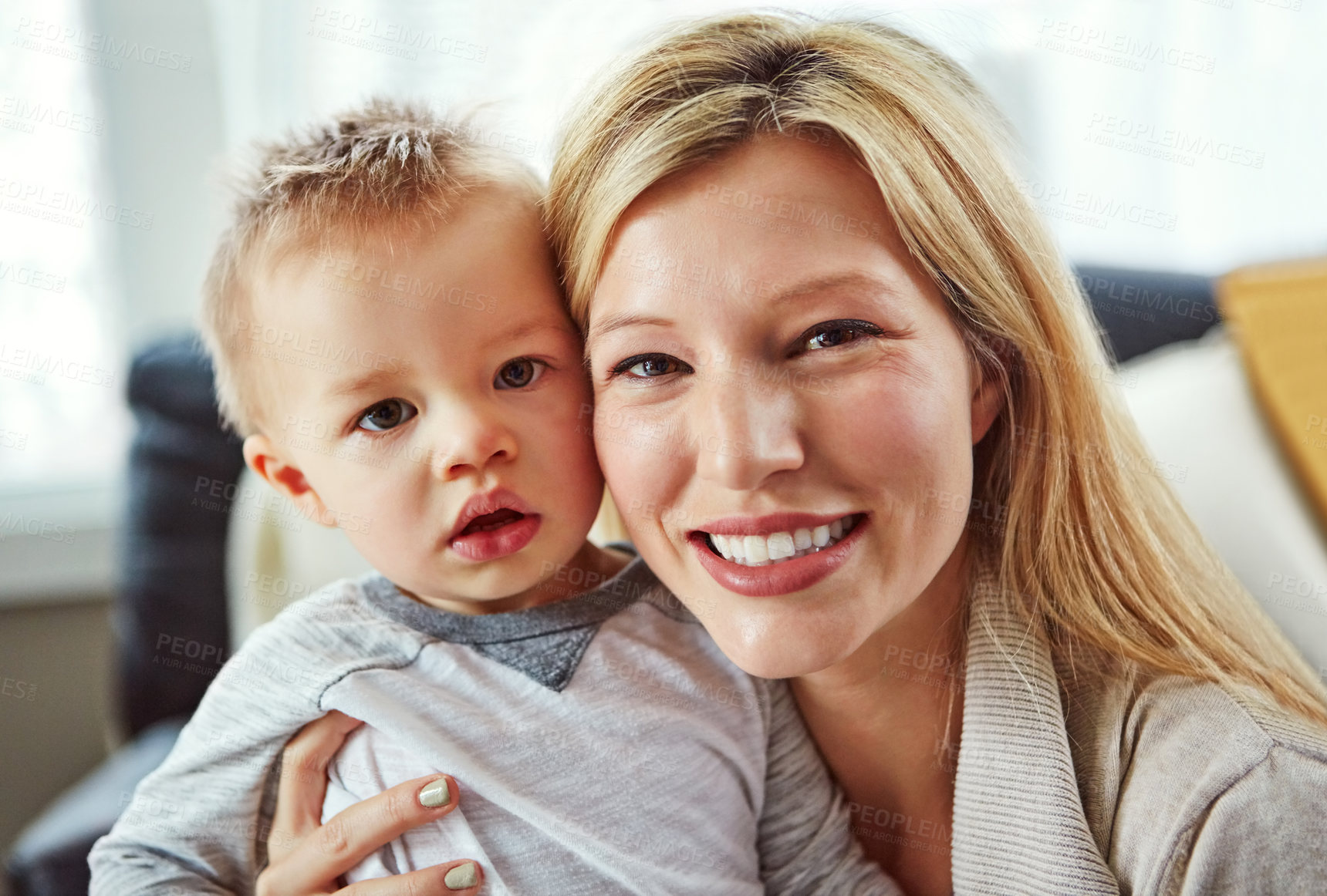 Buy stock photo Baby, mother and portrait in house with hug or happiness for motherhood, growth or wellness of child. Toddler, woman and smile in home for care, support and bonding together with love, mom and relax