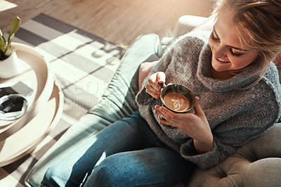 Buy stock photo Woman, coffee and relax smile on sofa in living room for calm, peace and happy quality time. Female, drinking warm tea and happiness or lifestyle wellness, morning routine and rest on couch in home