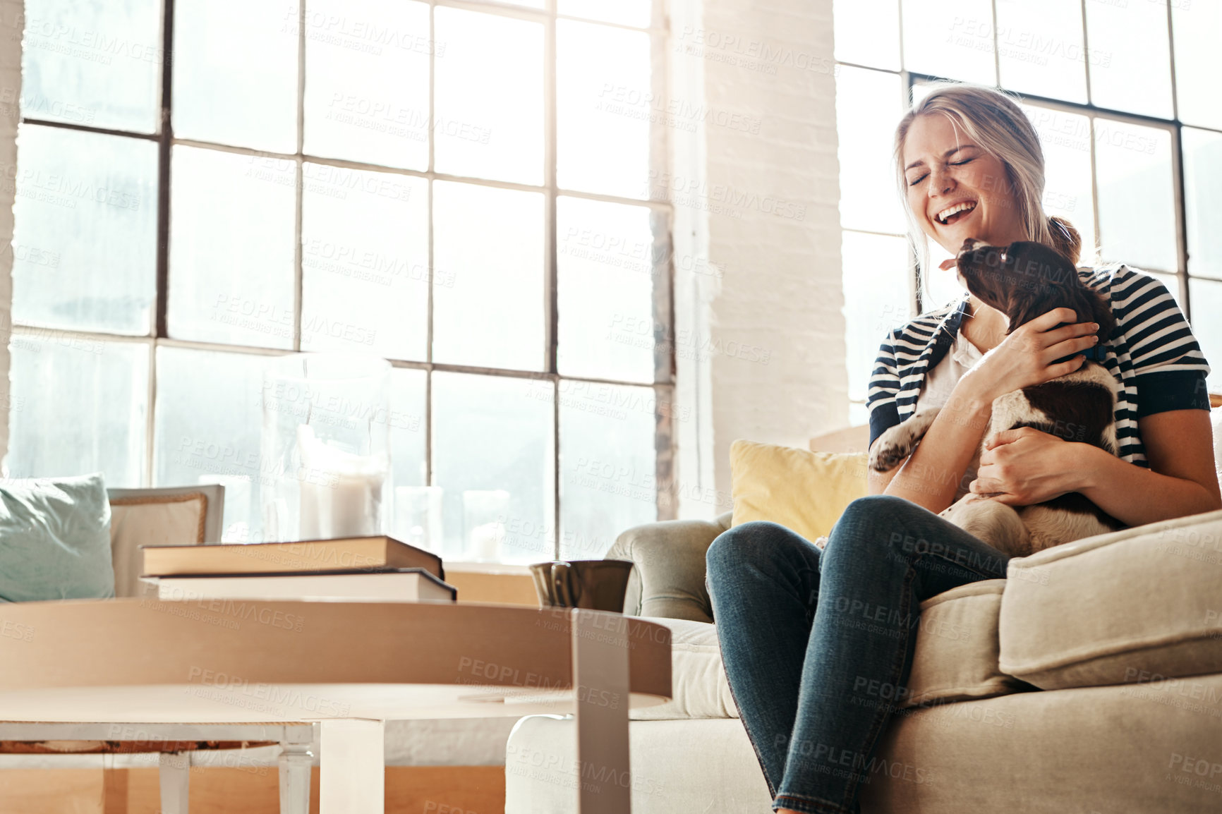 Buy stock photo Woman, dog and relax happy on sofa in living room for animal care, love and support in home. Young female, pet care and calm peace on couch, playful and happiness lifestyle together with therapy dog