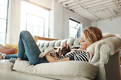 Buy stock photo Dog, sofa or happy woman in home to relax on living room couch in house, lounge or apartment. English spaniel puppy, resting or person with love, wellness or support for bonding with calm pet animal