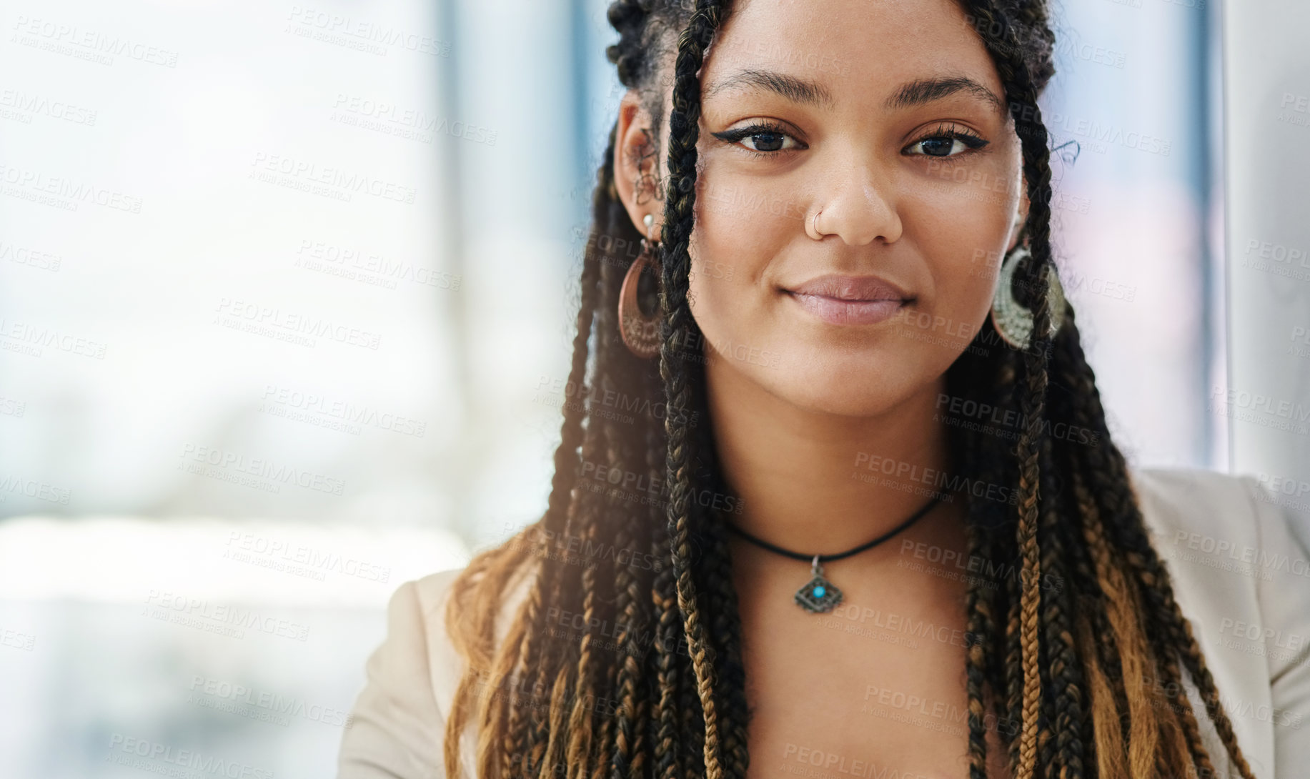 Buy stock photo Cropped portrait of an attractive young female designer standing in her office