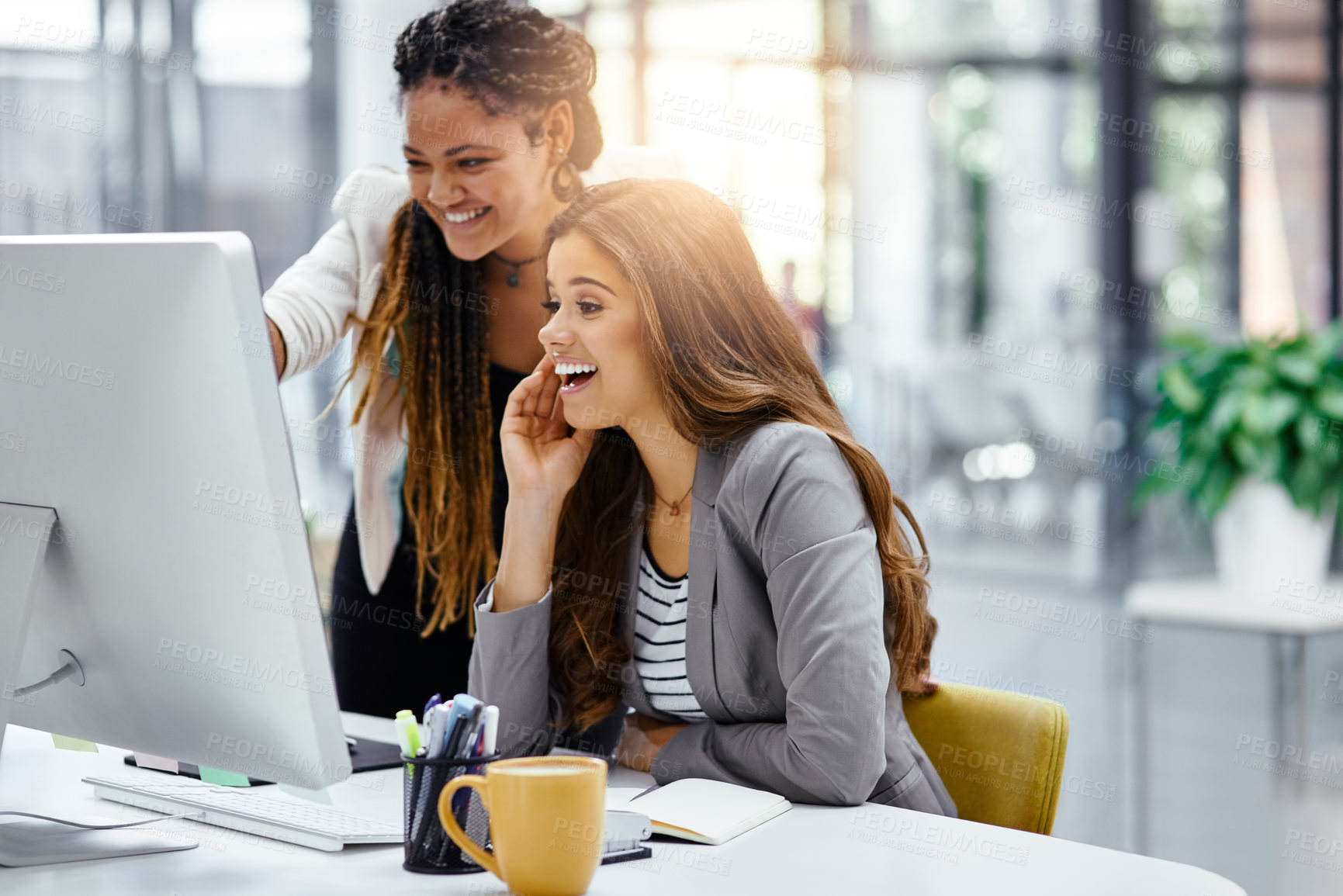 Buy stock photo Cropped shot of two attractive young businesswomen working at a desk in their office