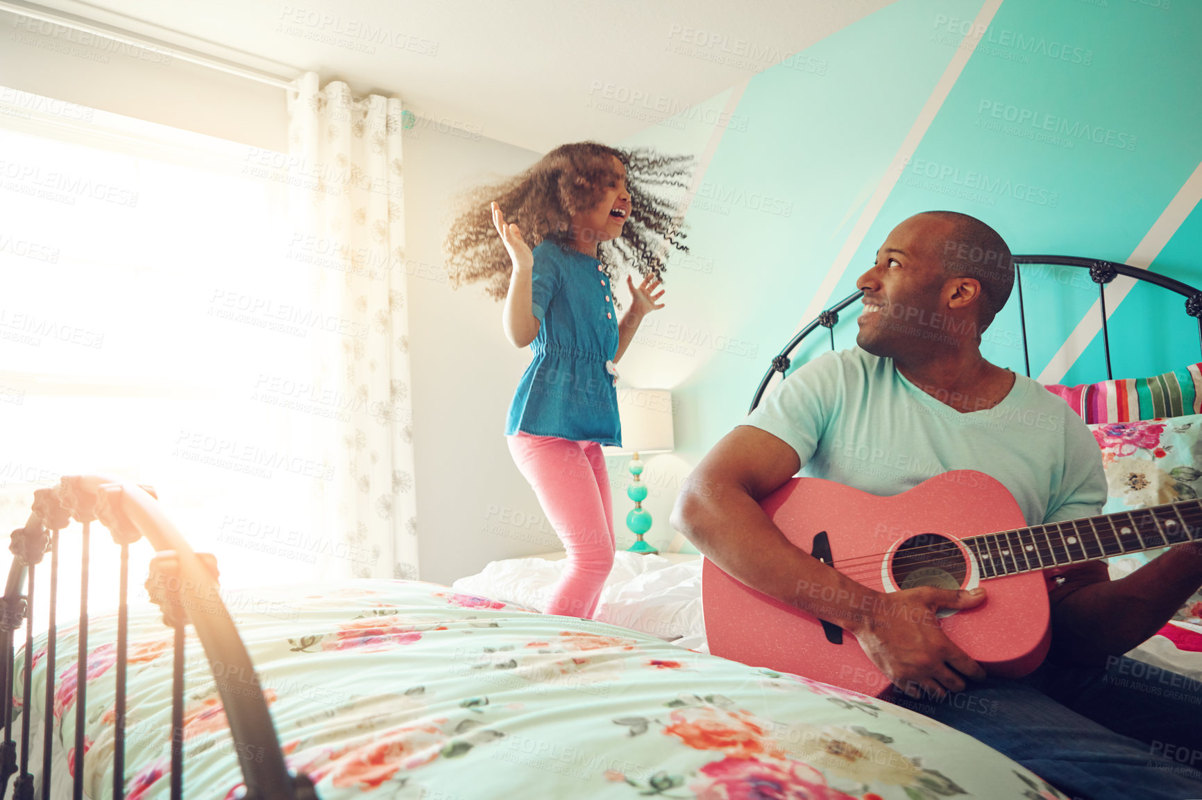 Buy stock photo Child, happy and father with guitar at home for playing, having fun or bonding together with concert. House, musical instrument or entertainment with dad musician with skills, girl and jump in bed