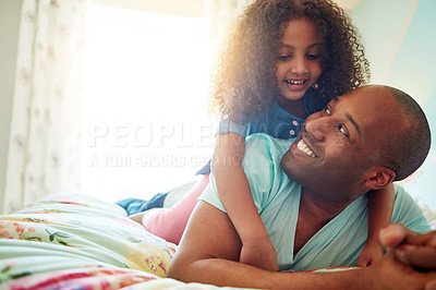 Buy stock photo Black father, girl and piggyback for love relationship with trust and care for fun in bedroom. Hug, happy and African dad carry young child with playing together for development and happiness at home