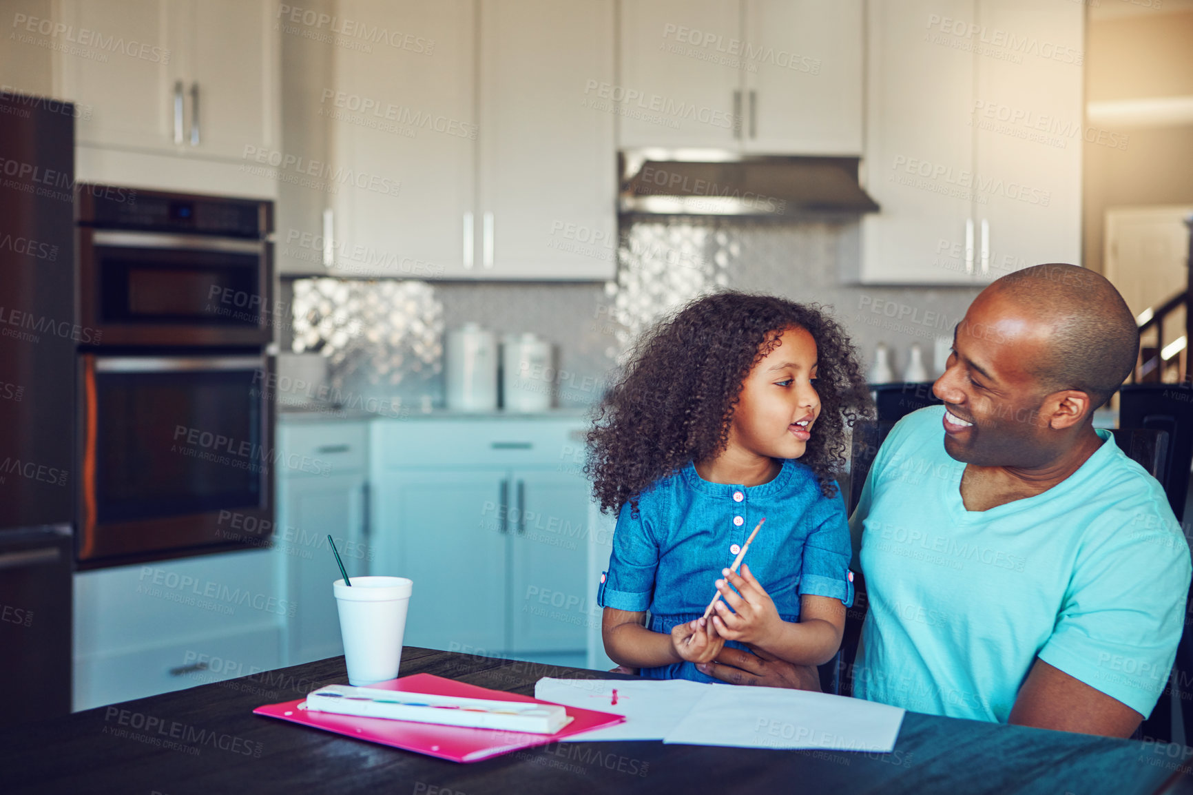 Buy stock photo Black dad, girl and help with homework in home for education, learning and support with care. Parent, school work and happy on teaching for child development or growth for project, art and creativity