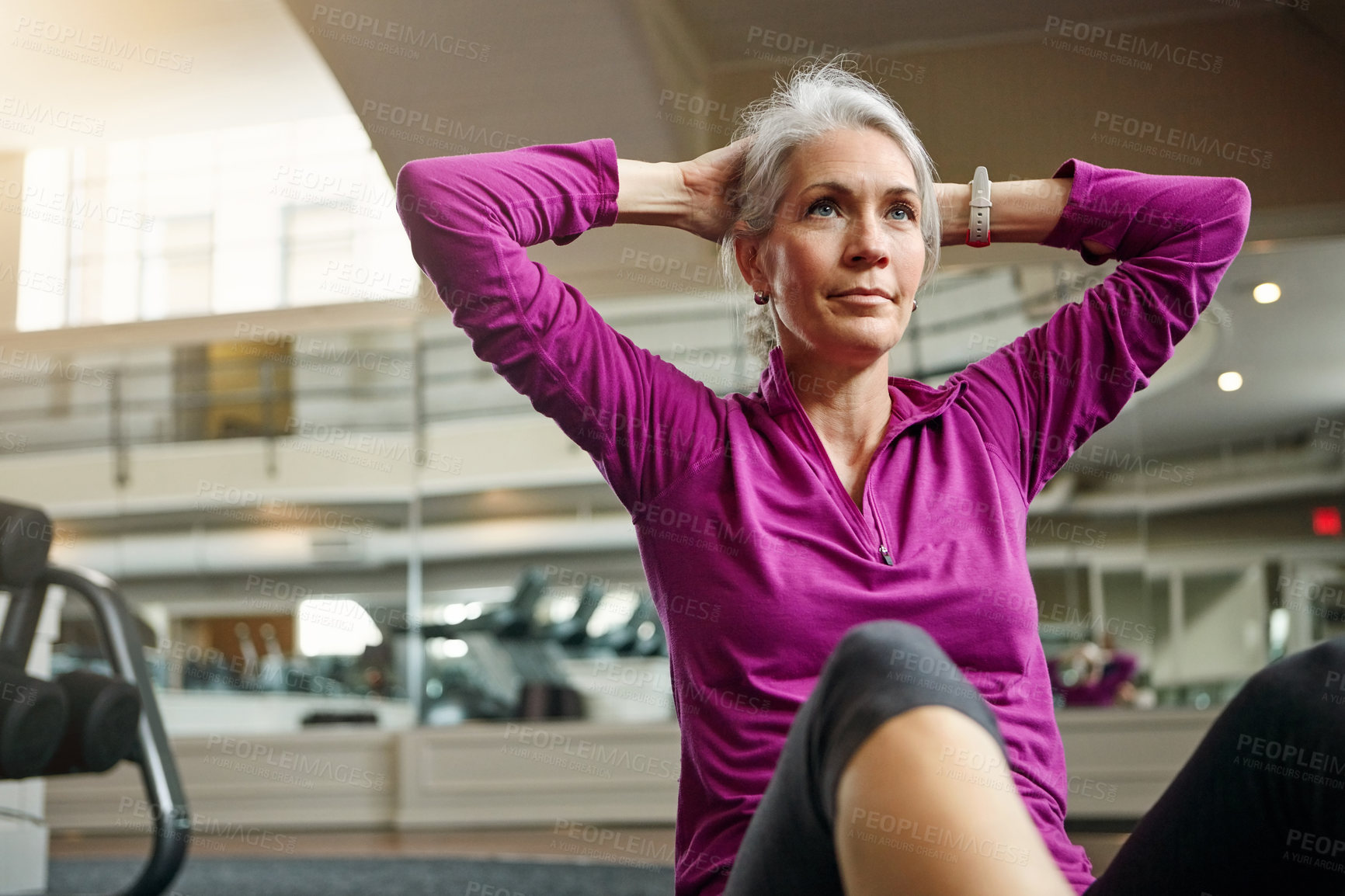 Buy stock photo Mature woman, sit up and gym on floor with balance for strong core muscle with vision for wellness. Person, training and workout for abdomen, stomach and challenge for development at fitness club