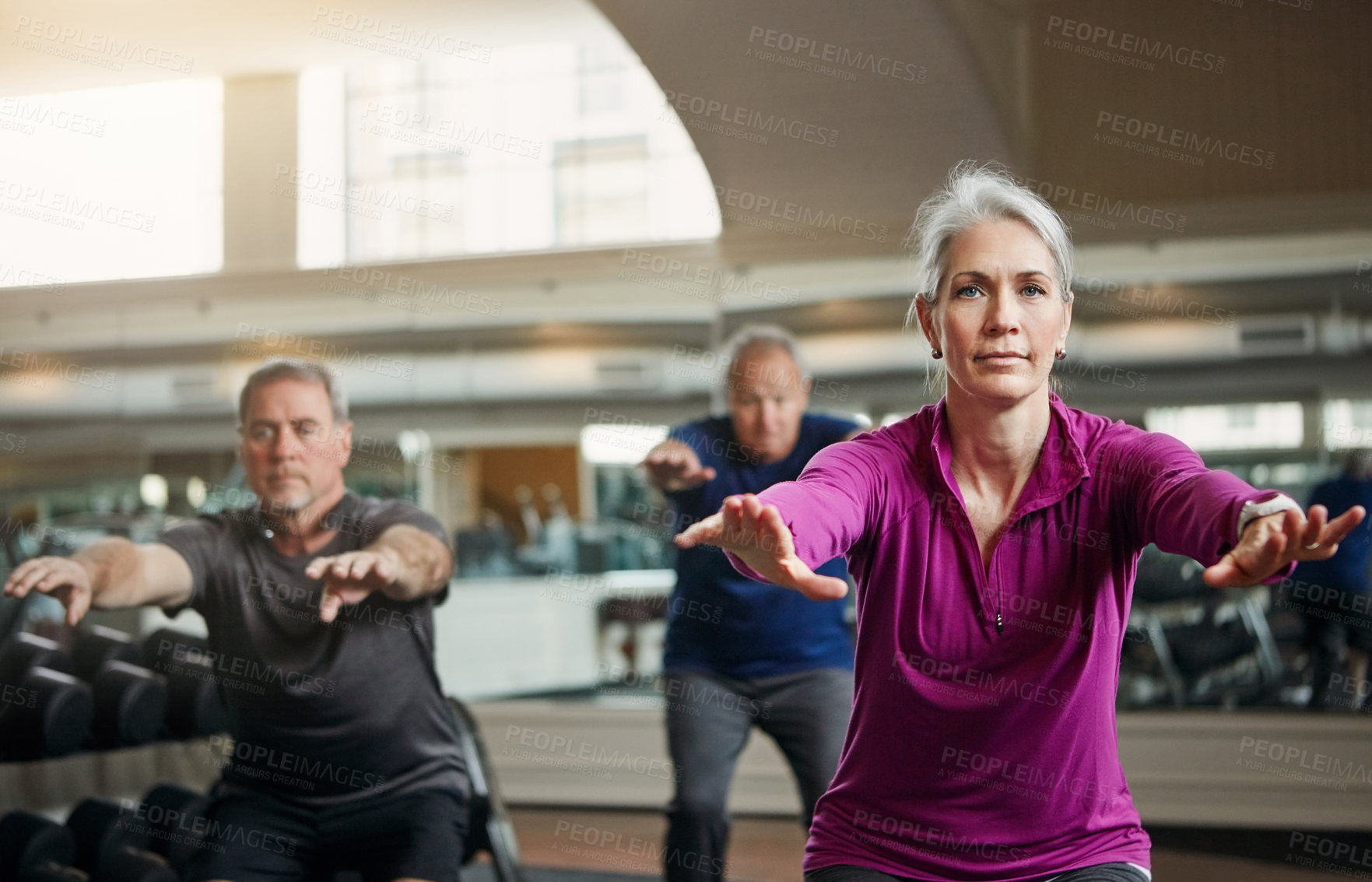 Buy stock photo Mature group, woman and squat in gym for fitness, balance and strong muscle development in class. Senior people, men and exercise for legs, health and workout together in retirement at wellness club