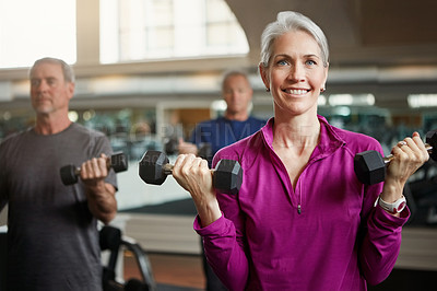 Buy stock photo Senior fitness, club and people with dumbbells at gym for training, health and wellness, sport or exercise. Class, workout and elderly group of friends at a studio for bodybuilding or weightlifting