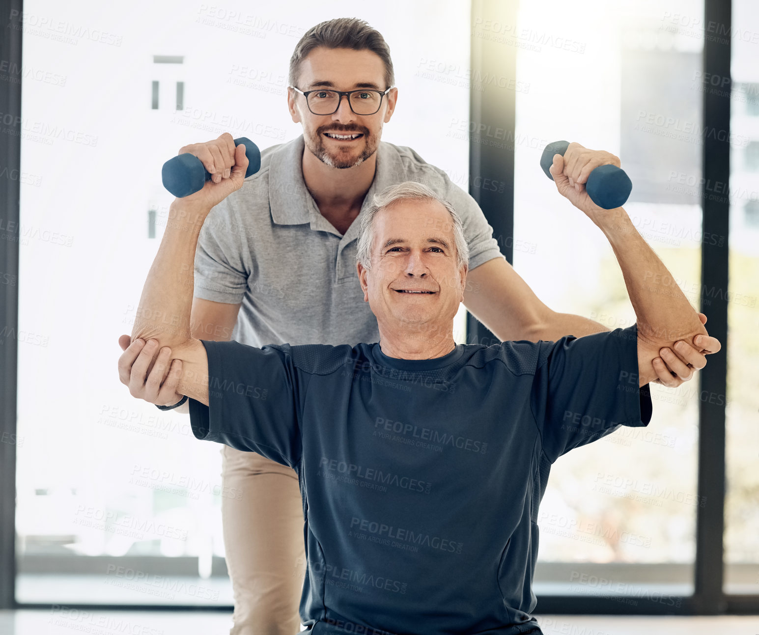 Buy stock photo Portrait, physiotherapy and old man with dumbbells, gym and healthcare in senior rehabilitation. Physiotherapist, consultant and elderly patient in mobility training, exercise and help in retirement