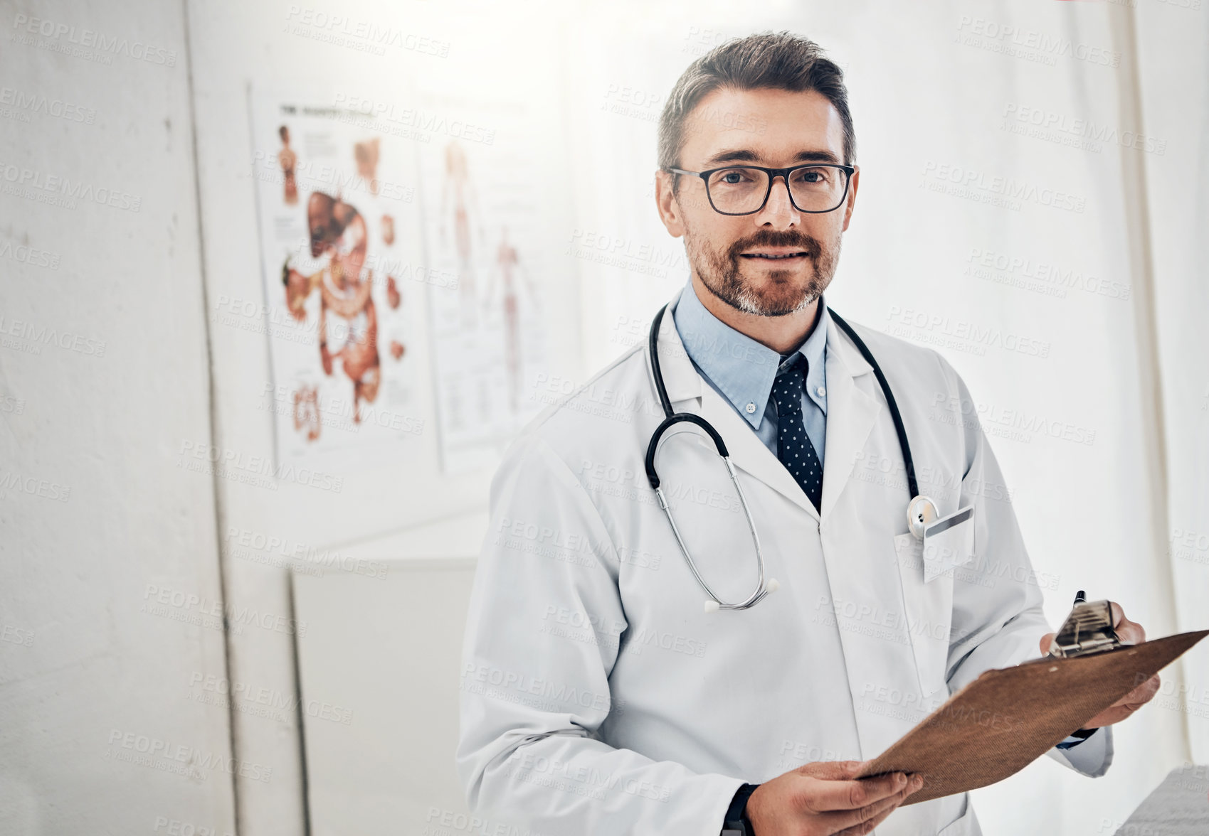 Buy stock photo Portrait, man or doctor in office with clipboard, healthcare and confidence with hospital schedule. Admin, paperwork and medical professional with document, chart or application for health insurance