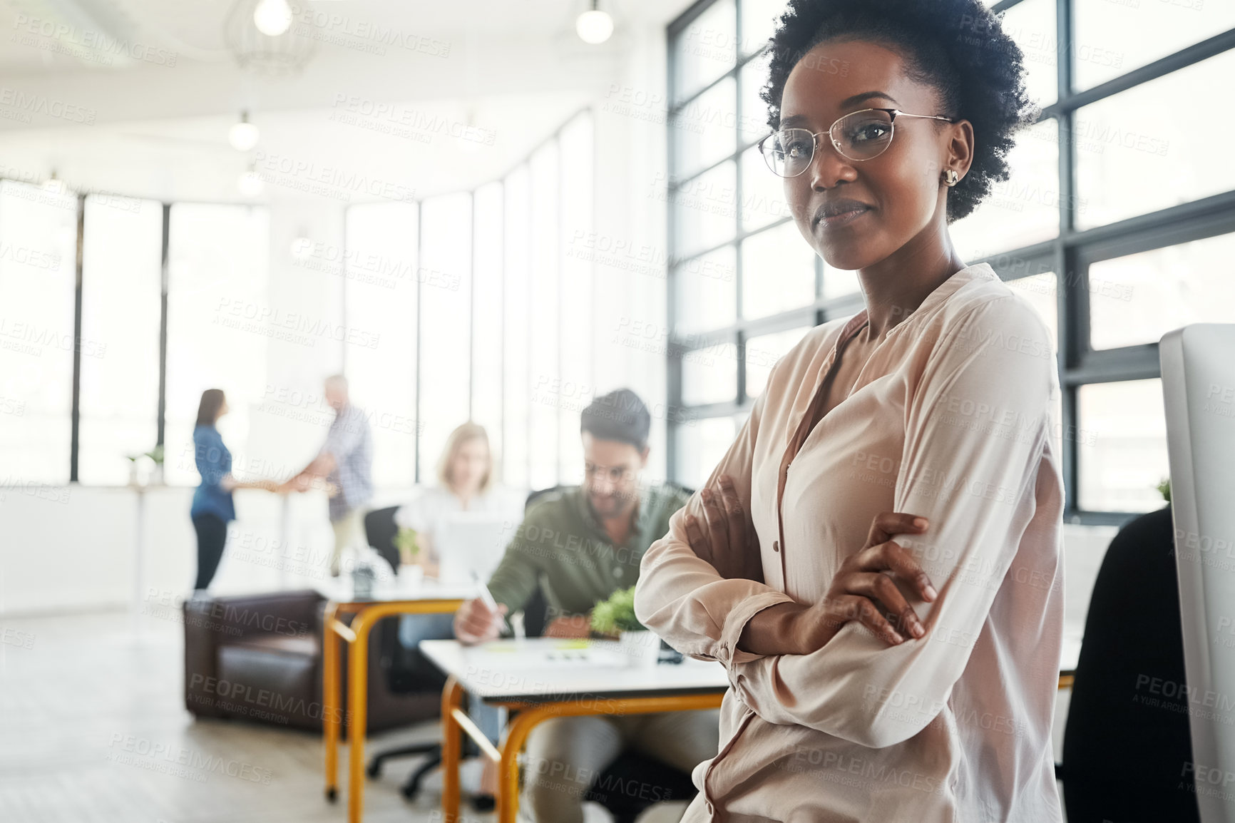 Buy stock photo Office, business woman and portrait with arms crossed, creative or journalist with pride. Workspace, female leader or content editor with confidence, article goals or story angle for news publication