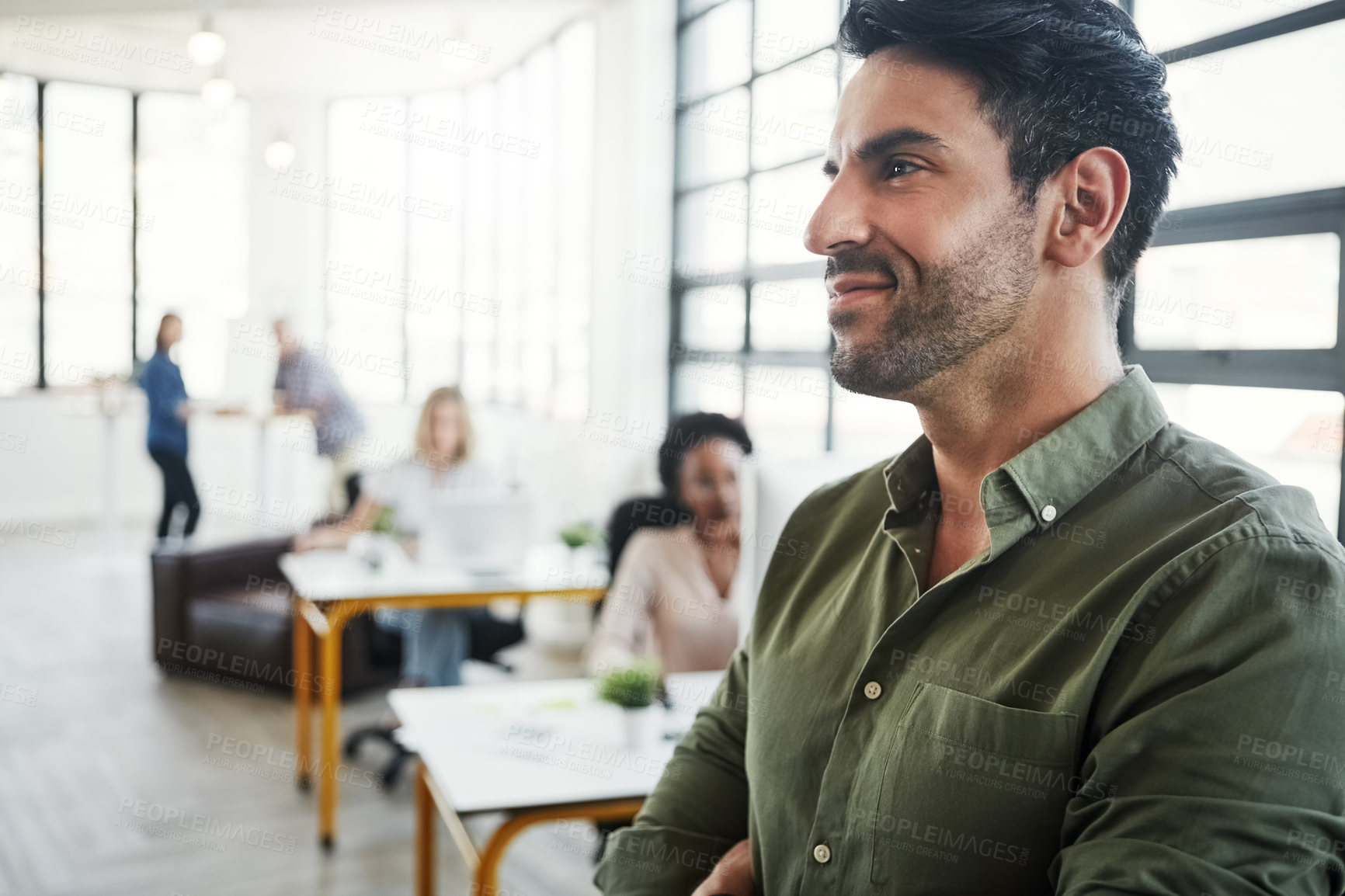 Buy stock photo Creative businessman, smile and thinking for idea, strategy or marketing design plan at the office. Happy employee man designer contemplating, day dreaming or looking away in thought for startup