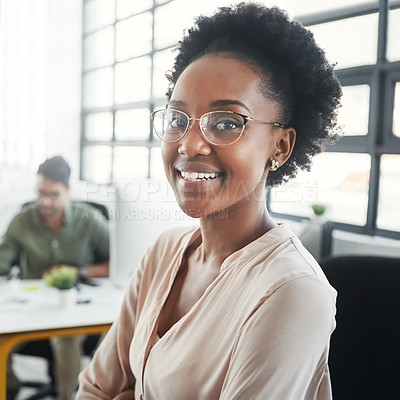 Buy stock photo Business woman, smile and portrait of happy creative employee ready for office work. Young, web design worker and happiness of a professional  black woman in a working agency workplace with team