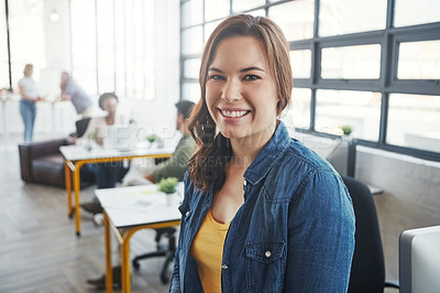Buy stock photo Creative business woman, manager and smile for management, career or vision at the office. Portrait of a young designer standing and smiling in happiness for job, goals or startup at the workplace