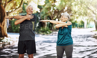 Buy stock photo Outdoor, stretching and old couple with exercise, energy and workout with sunshine, challenge and healthy. People in park, senior man or elderly woman with wellness, retirement ir cardio with balance