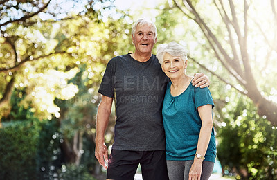 Buy stock photo Portrait of a senior couple out for a run together