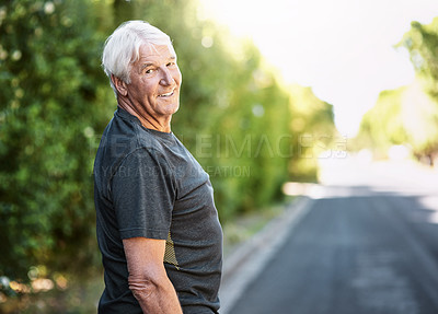 Buy stock photo Portrait of a senior man out for a run